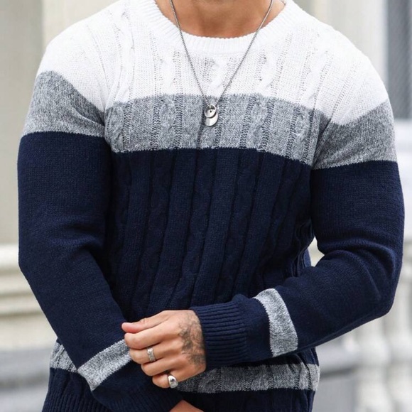 Manfinity Homme Men's Color Blocking Cable Knitted Sweater , Crew Neck - Picture 1 of 4